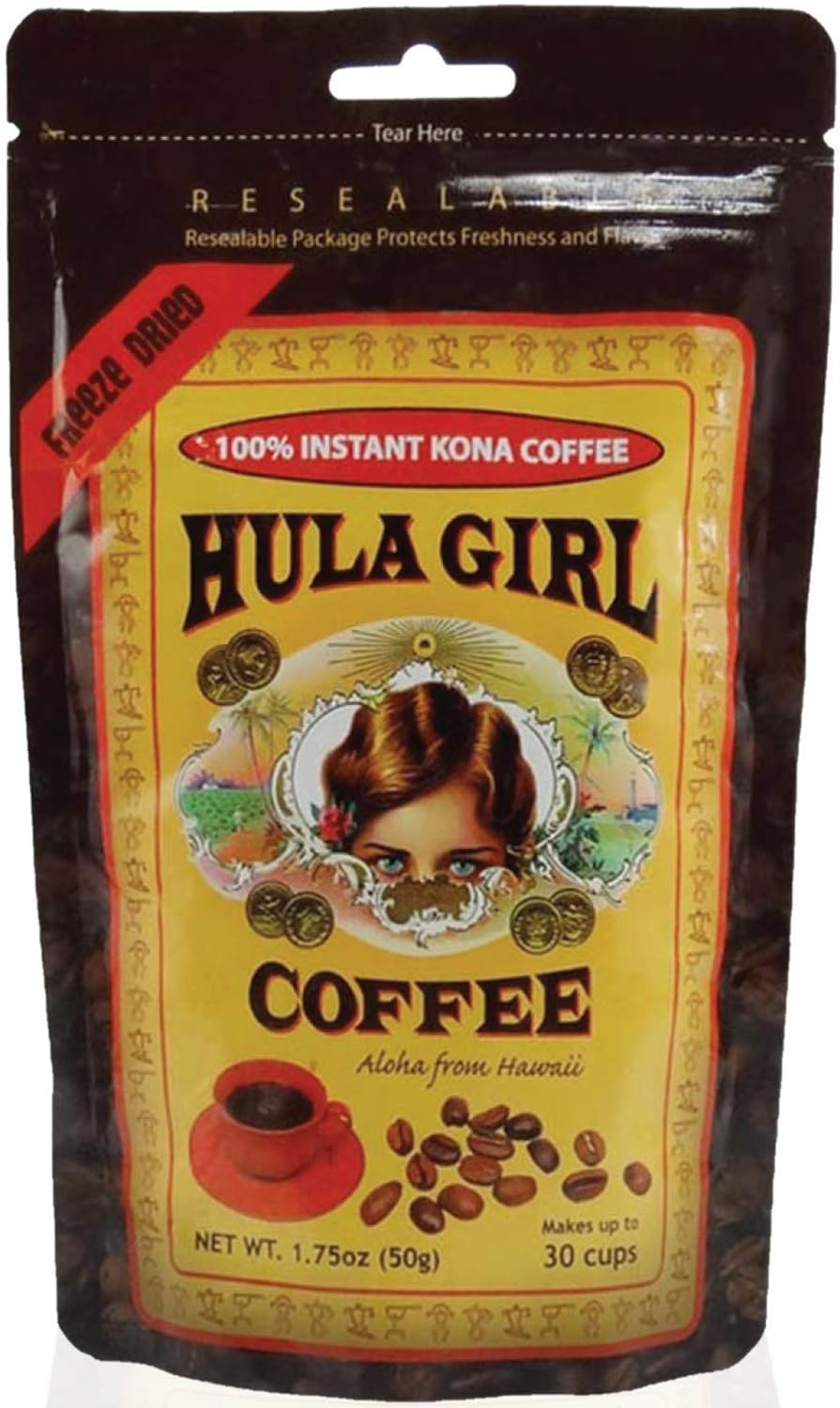 Hula Girl Kona Coffee freeze-dried instant pour highlights rich aroma into a mug