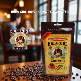 Hula Girl Kona Coffee medium roast Arabica yields balanced flavor in a mug