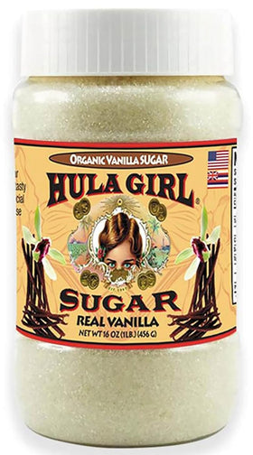 Hula Girl Organic Vanilla Sugar jar front with vanilla beans for smooth sweetness