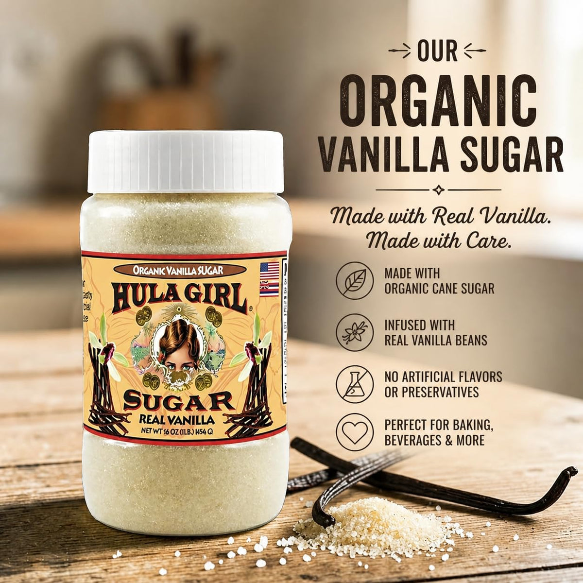 Hula Girl Vanilla Sugar sprinkled on cookies for baking and desserts