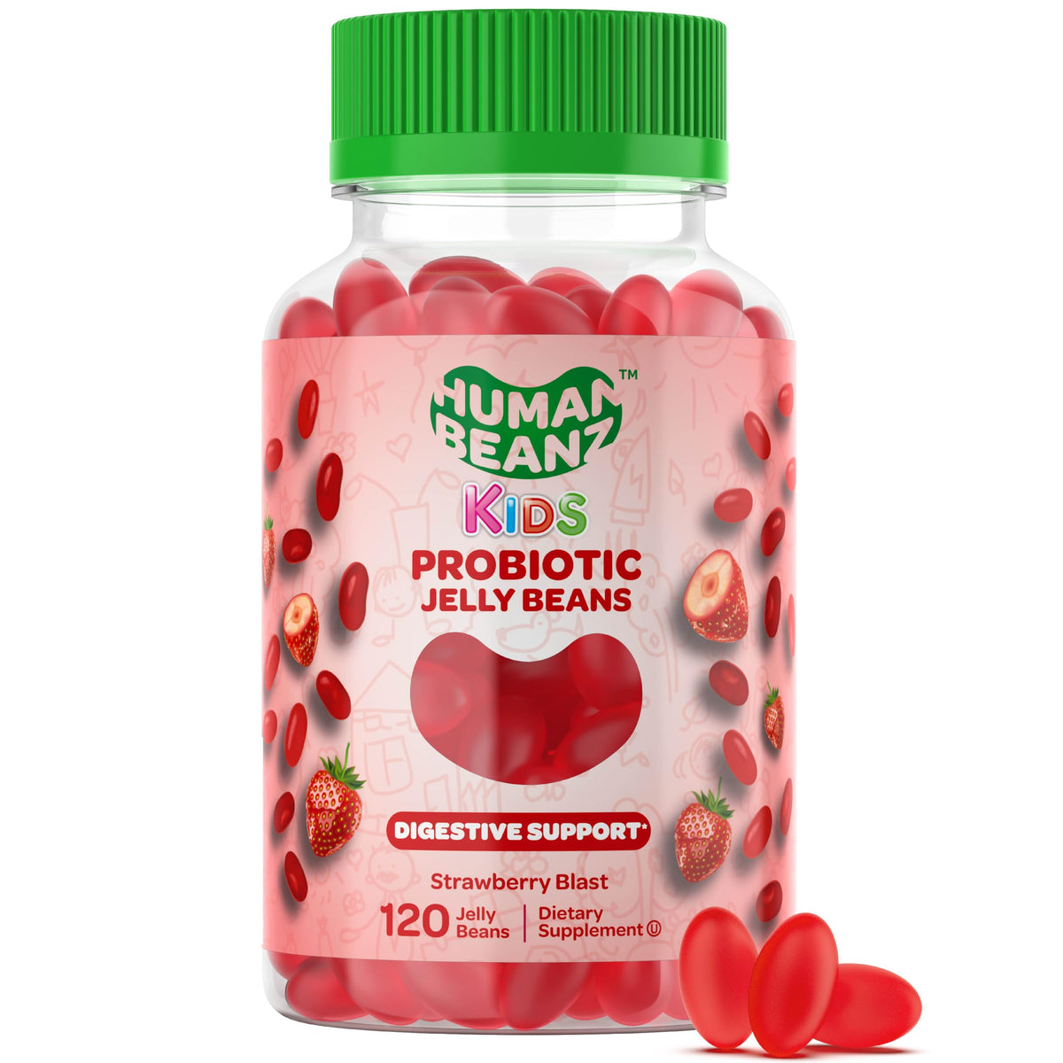 Human Beanz probiotic jelly beans bottle with strawberry blast flavor supports kid-friendly gut health.