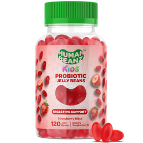 Human Beanz probiotic jelly beans bottle with strawberry blast flavor supports kid-friendly gut health.