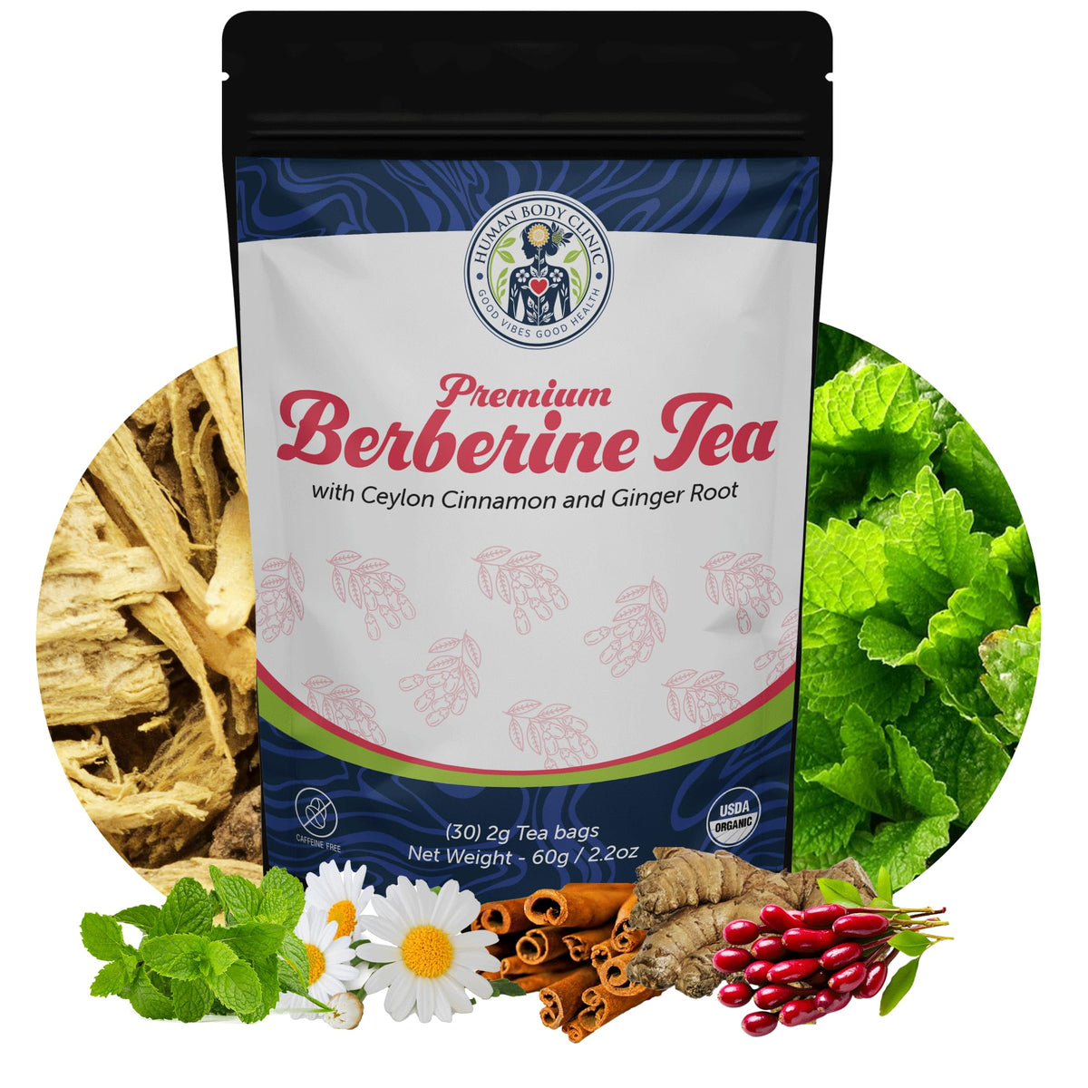 Human Body Clinic Organic Berberine Tea packaging highlights ethical sourcing and premium quality