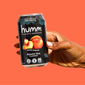 Humm keto-friendly peach tea packaging in a 16-pack