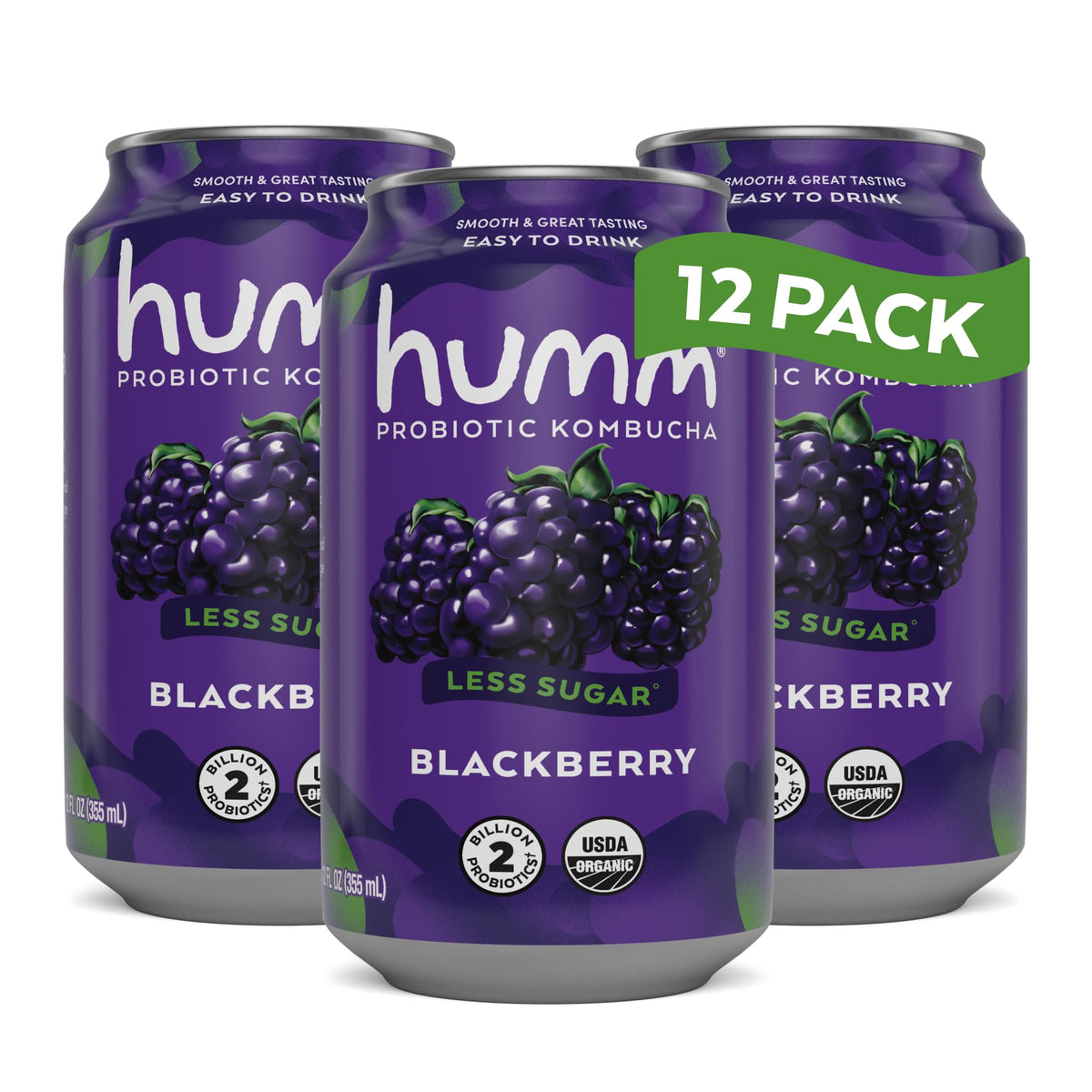 Humm Blackberry bottle close-up shows bold flavor and probiotic blend.