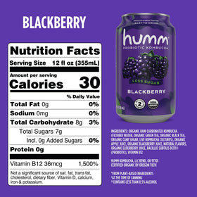 Humm Blackberry can side view highlights organic, vegan, GMO-free credentials.