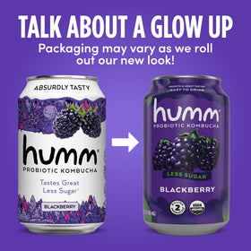 Humm Blackberry label detail showcases real ingredients and sugar-conscious recipe.