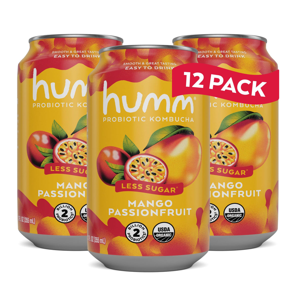 Humm Mango Passionfruit kombucha can front shows organic ingredients and vibrant flavor