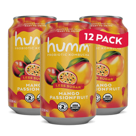 Humm Mango Passionfruit kombucha can front shows organic ingredients and vibrant flavor