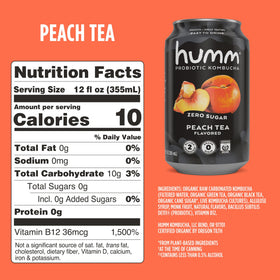Close-up of peach tea bubbles in a Humm can for refreshing sip.