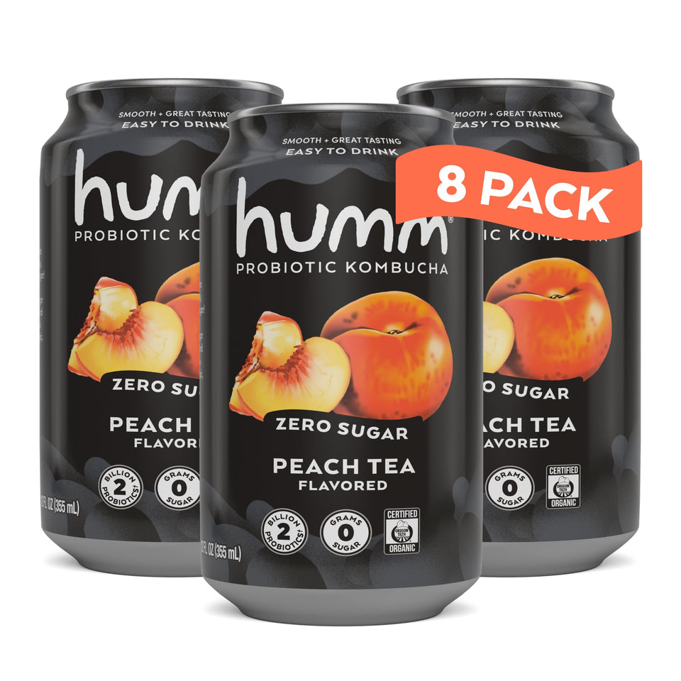 Humm probiotic kombucha peach tea can: zero sugar and keto-friendly.