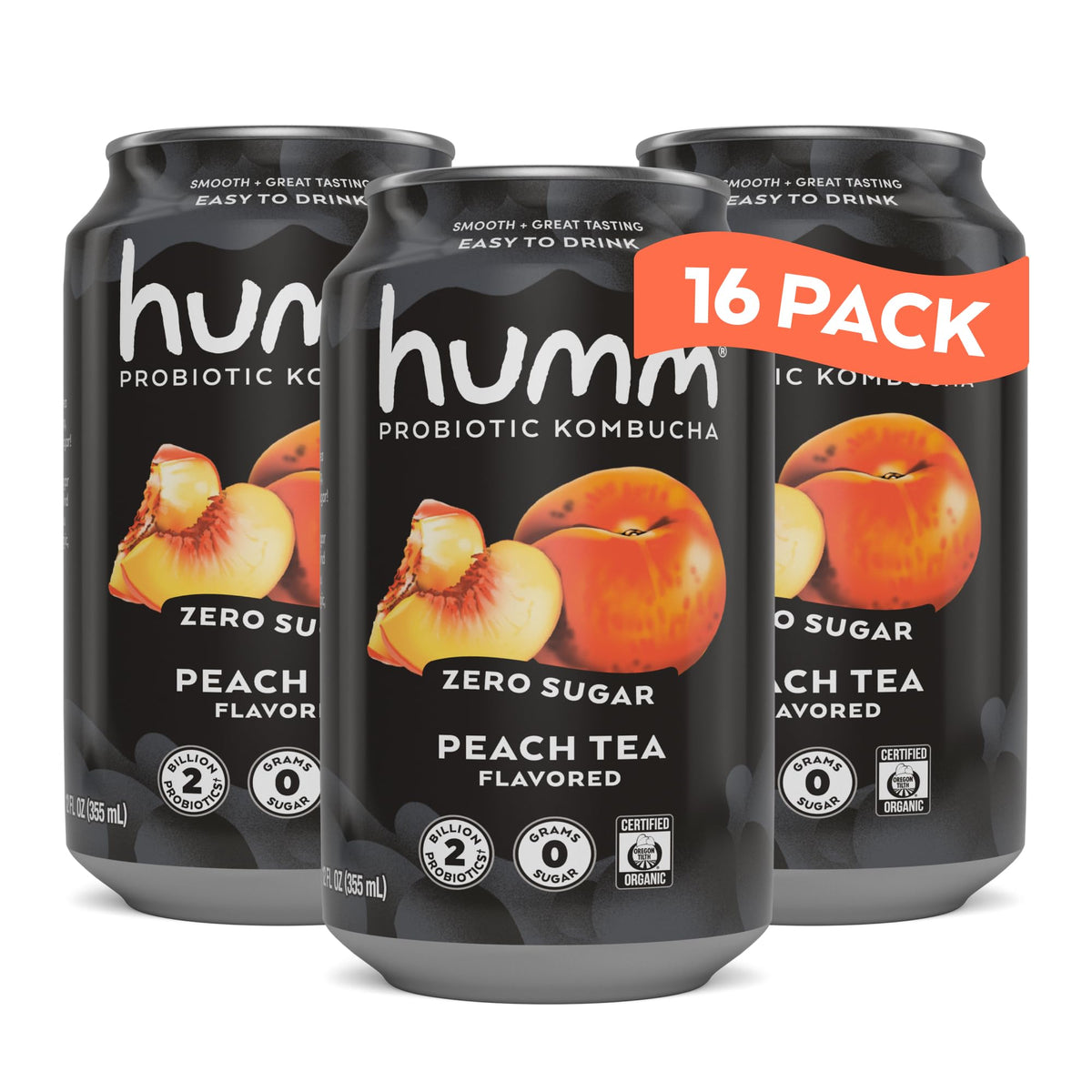 Humm probiotic kombucha peach tea cans shown for shelf-stable convenience