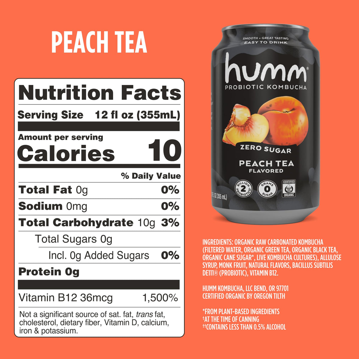 Humm zero sugar peach kombucha bubbles highlighting natural sweetness