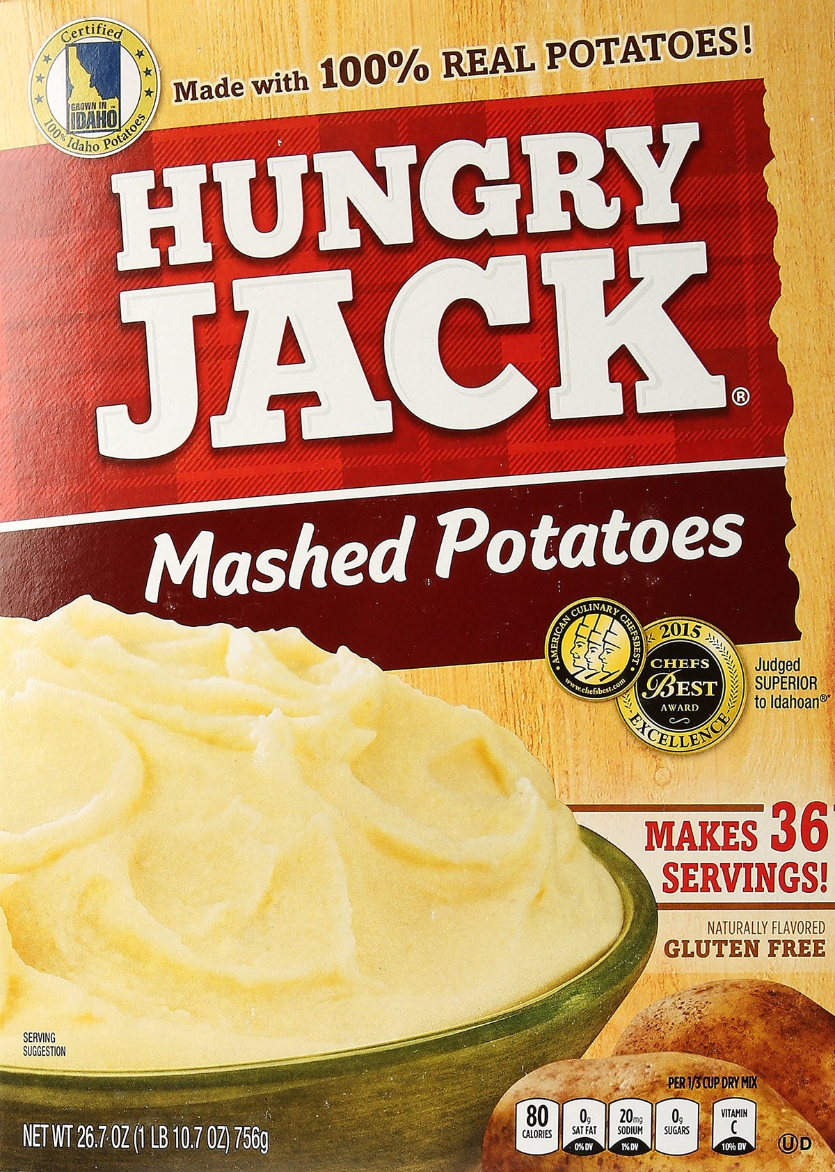 Hungry Jack instant mashed potatoes box front for family meals.