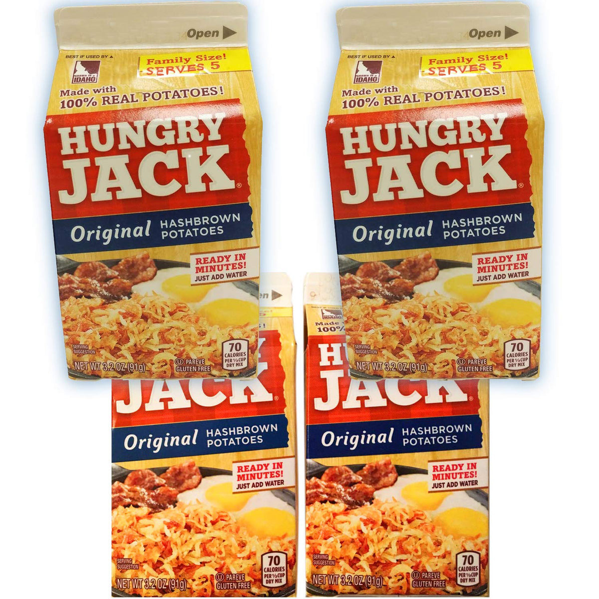 Hungry Jack Original Hash Browns 3.2 oz pack sizzling in a pan for a quick breakfast