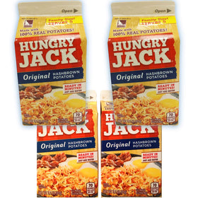 Hungry Jack Original Hash Browns 3.2 oz pack sizzling in a pan for a quick breakfast