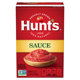 Hunt's Tomato Sauce carton six-pack displayed for easy family meals.