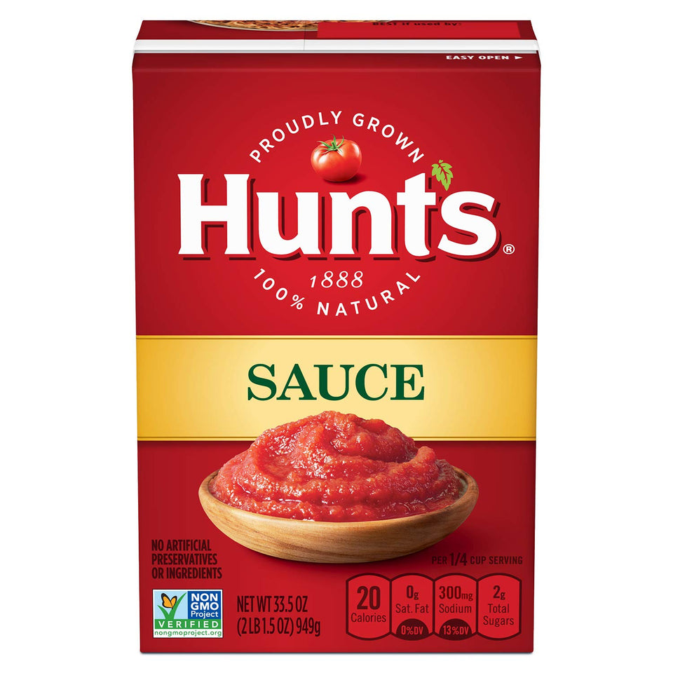 Hunt's Tomato Sauce carton six-pack displayed for easy family meals.