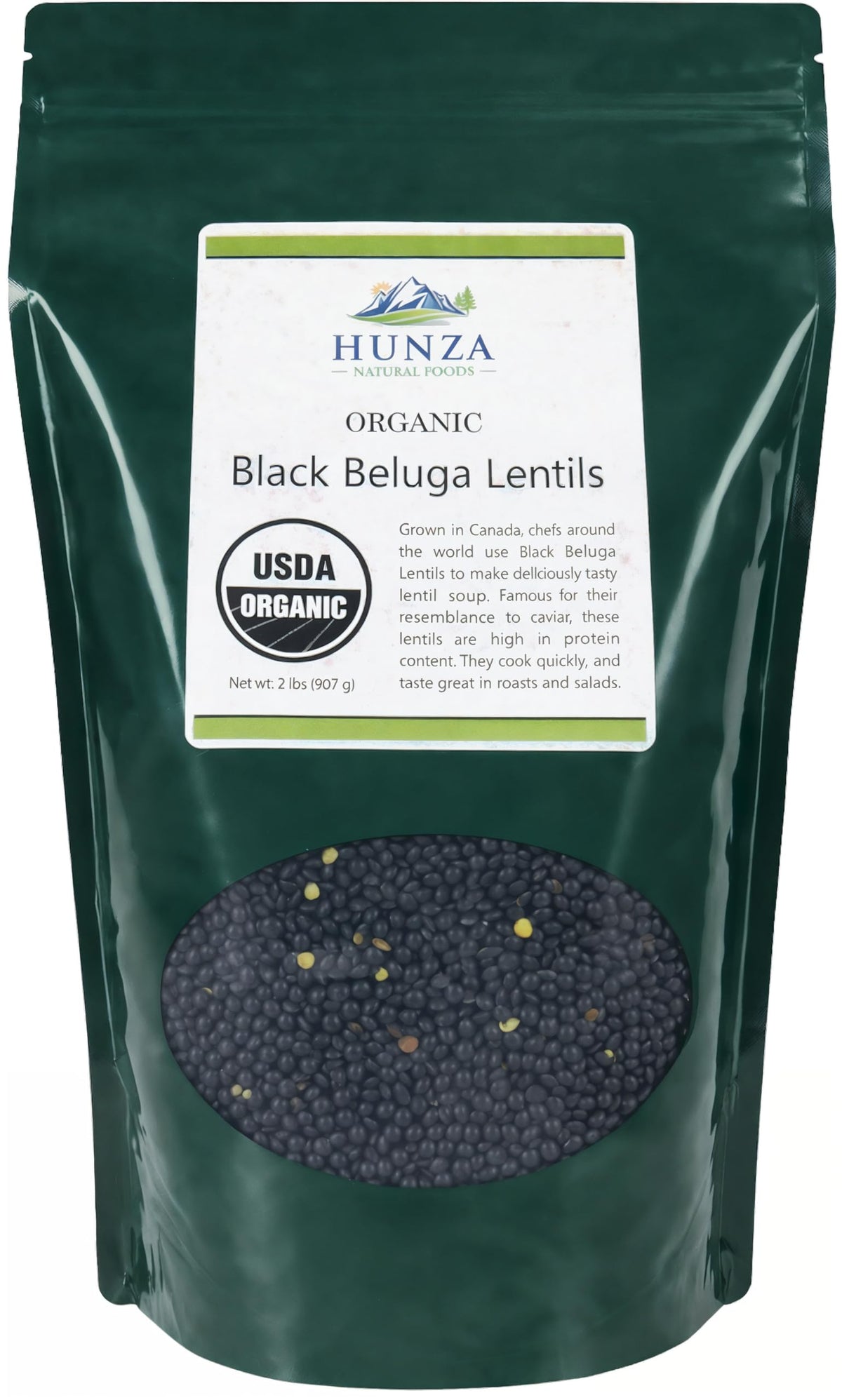 Hunza Black Beluga Lentils pack front with organic certification for trusted ingredients.