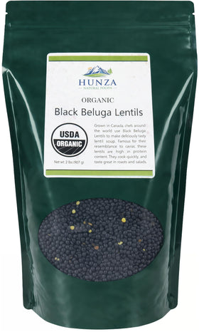 Hunza Black Beluga Lentils pack front with organic certification for trusted ingredients.