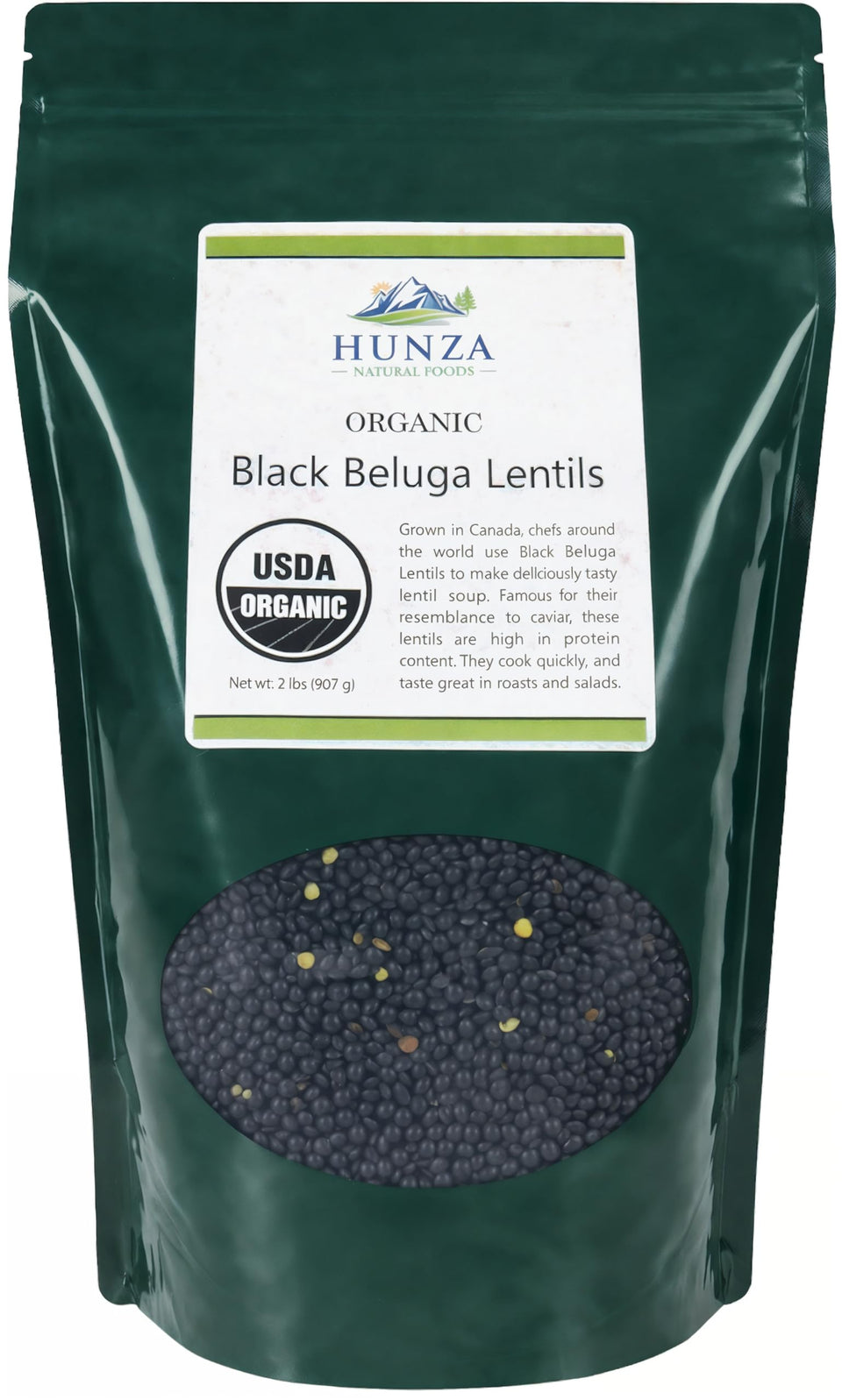 Hunza Black Beluga Lentils pack front with organic certification for trusted ingredients.