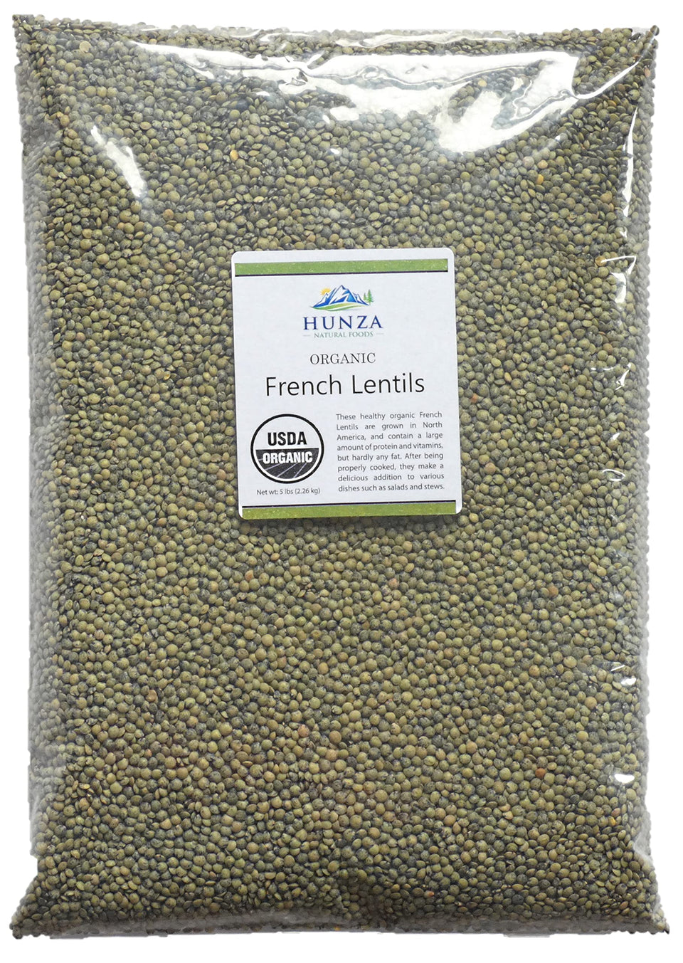 Hunza Organic French Lentils packaging shows convenient storage and organic sourcing