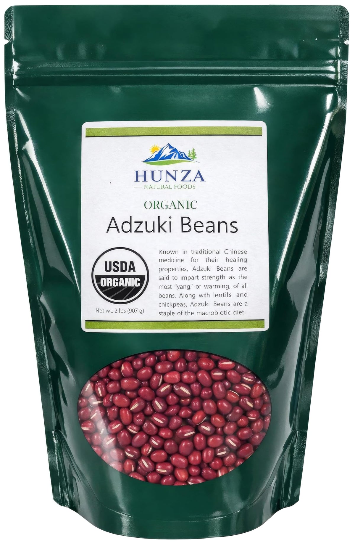 Hunza Organic Adzuki Beans in green pouch; easy storage for pantry staples.
