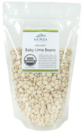Hunza Organic Baby Lima Beans in a green pouch for convenient storage