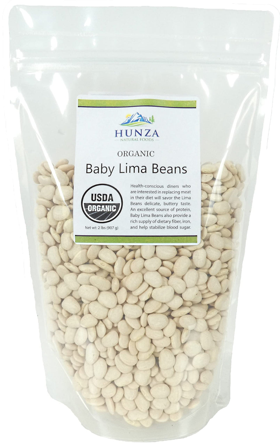 Hunza Organic Baby Lima Beans in a green pouch for convenient storage