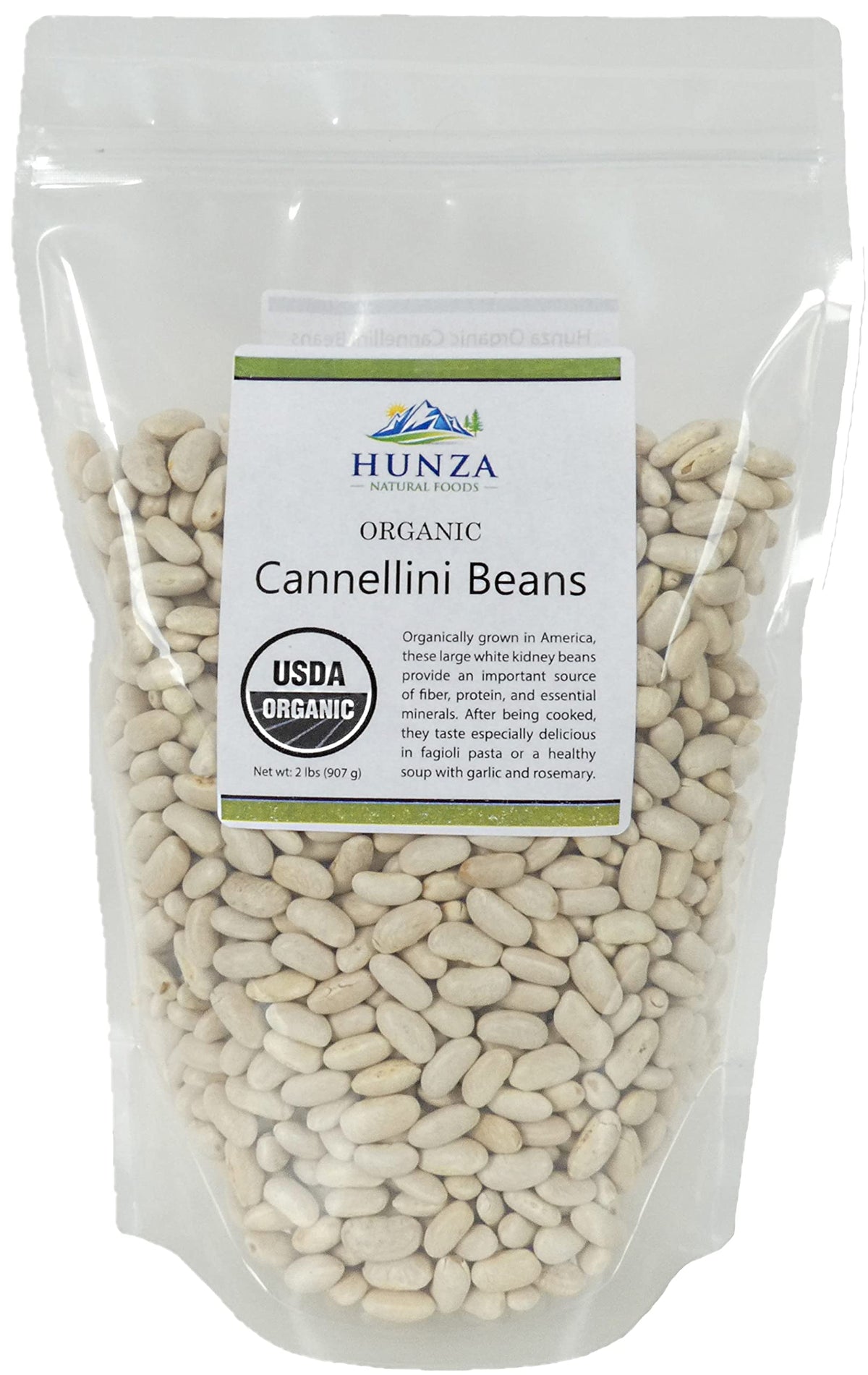 Hunza Organic Cannellini Beans bag front, premium pantry staple for quick meals