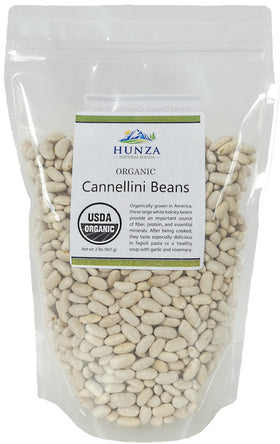 Hunza Organic Cannellini Beans bag front, premium pantry staple for quick meals