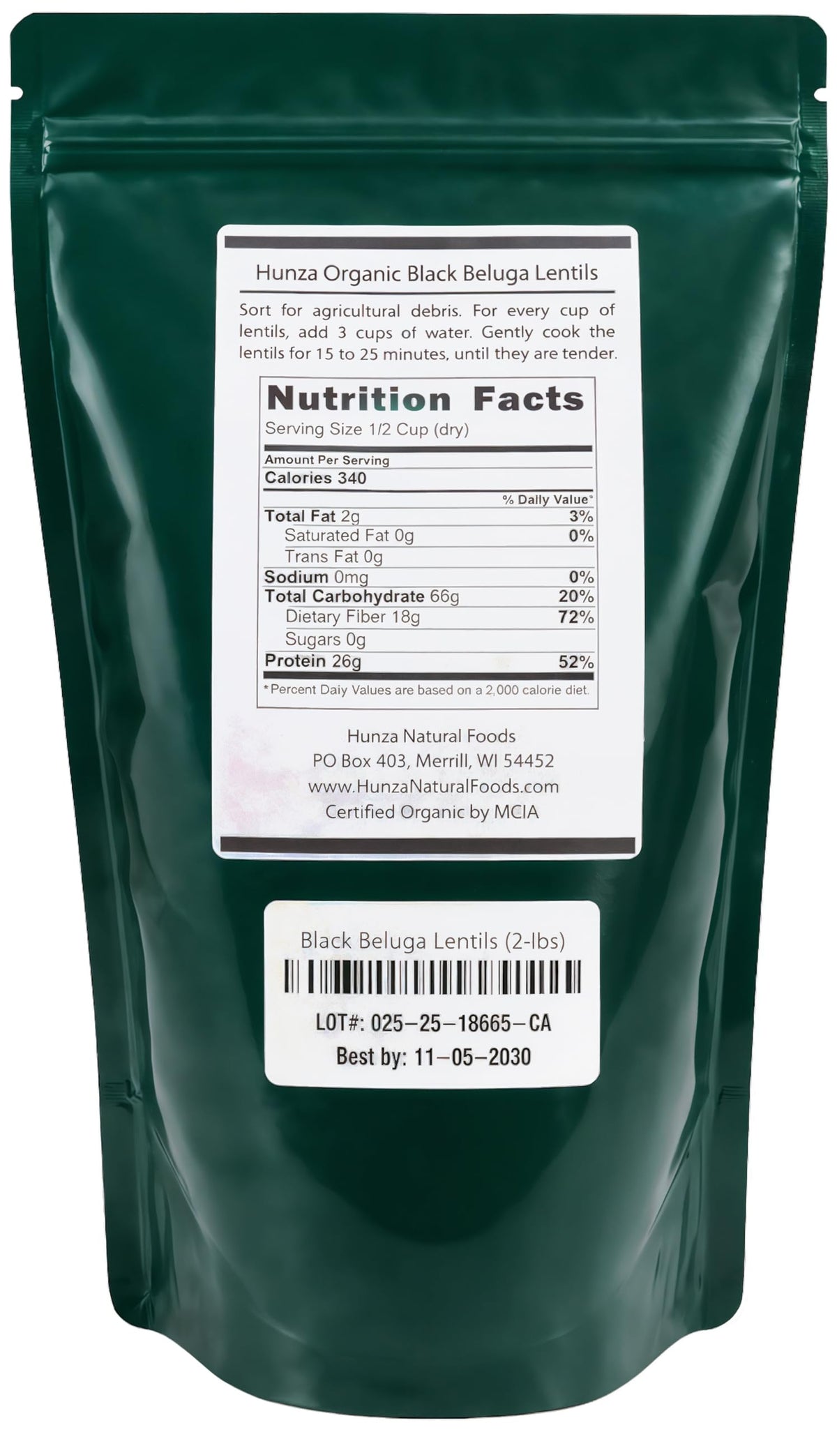 Hunza Organic Certification label close-up highlighting non-GMO and Canadian origin.
