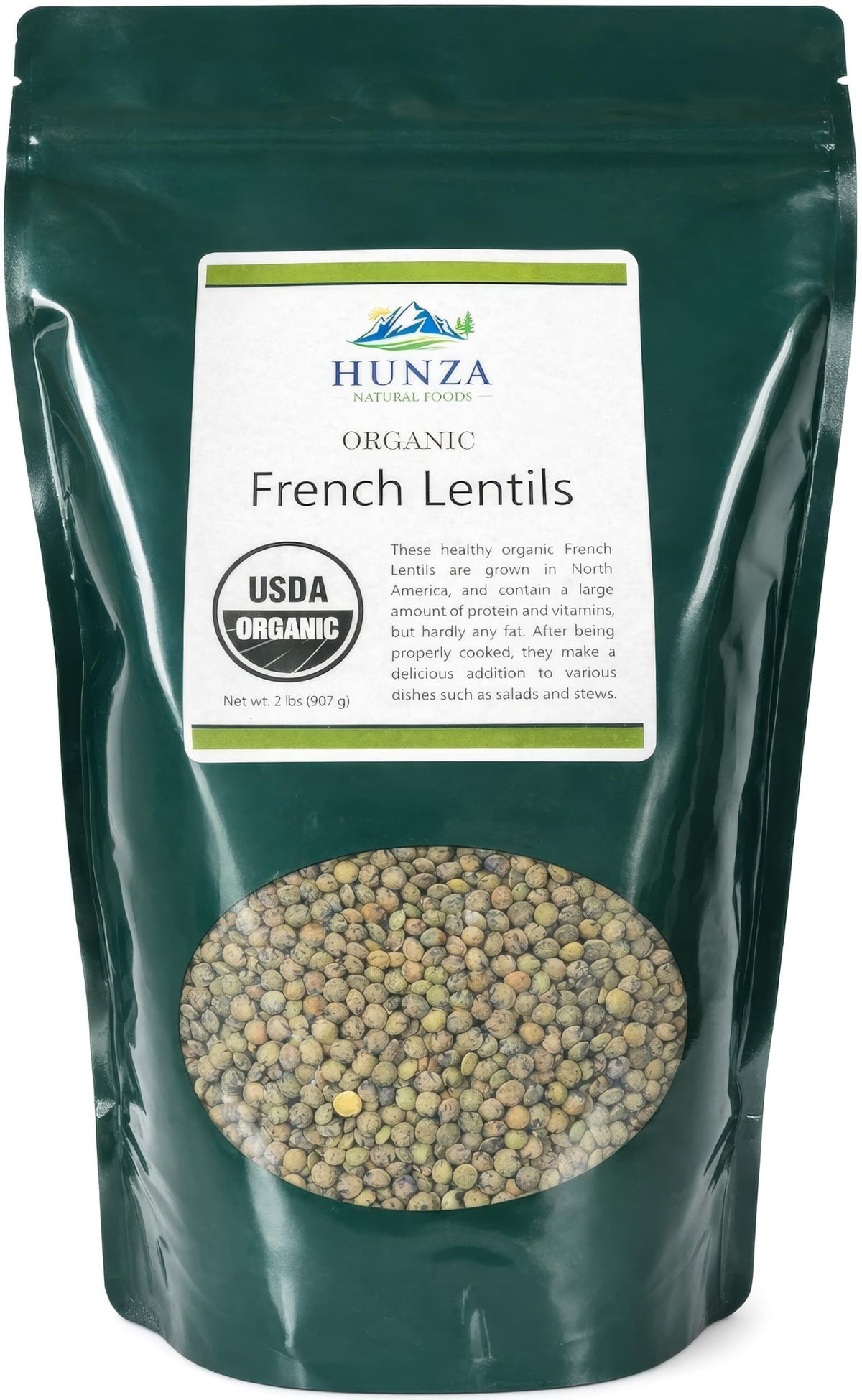 Hunza Organic French Lentils in a green stand-up pouch for long-lasting freshness