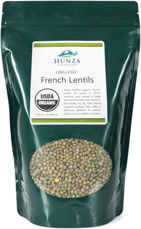 Hunza Organic French Lentils in a green stand-up pouch for long-lasting freshness