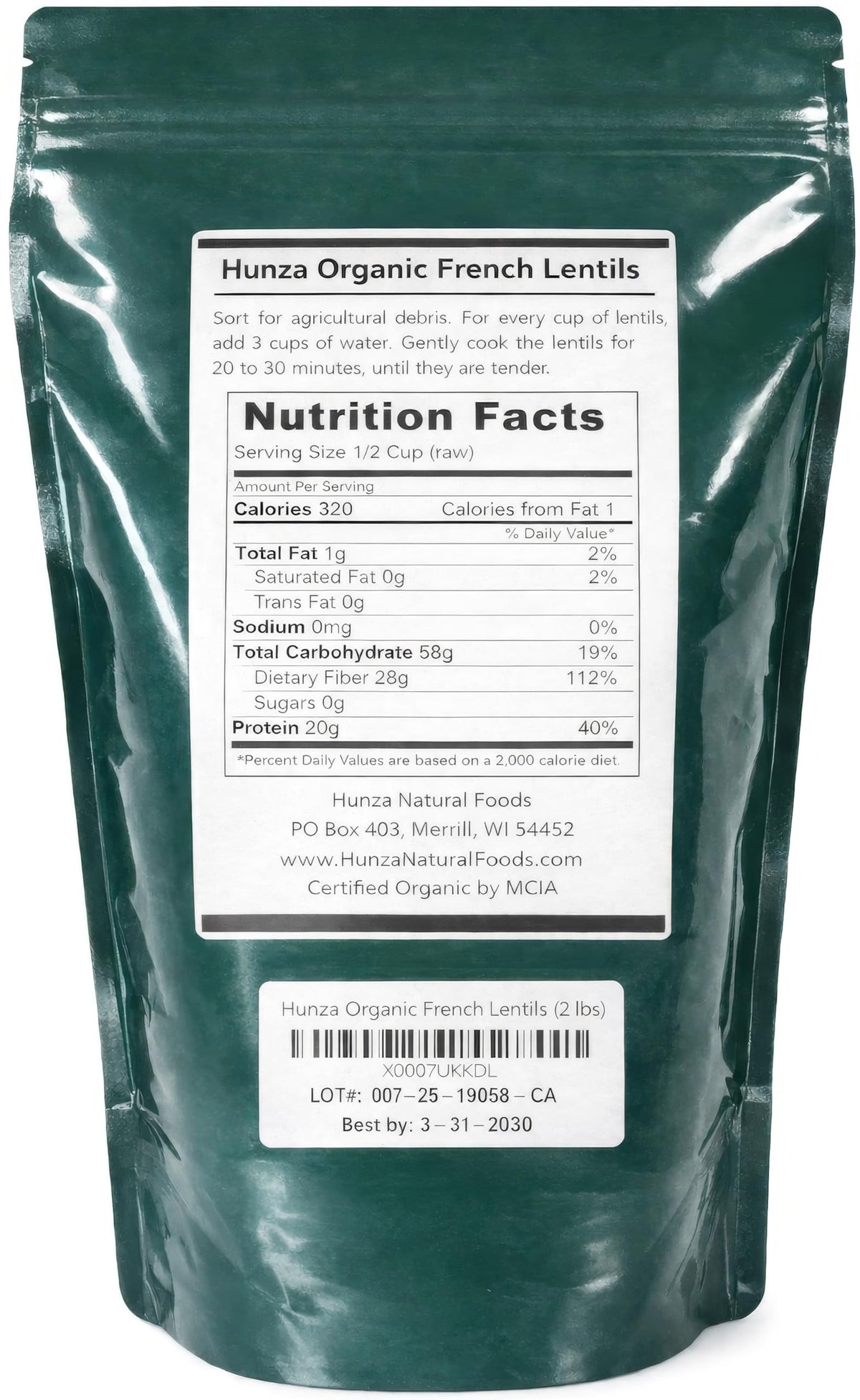 Close-up of Hunza Organic French Lentils showing mottled green color and quality