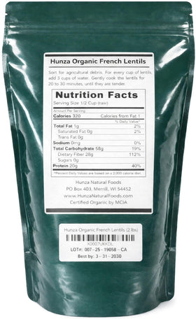 Close-up of Hunza Organic French Lentils showing mottled green color and quality