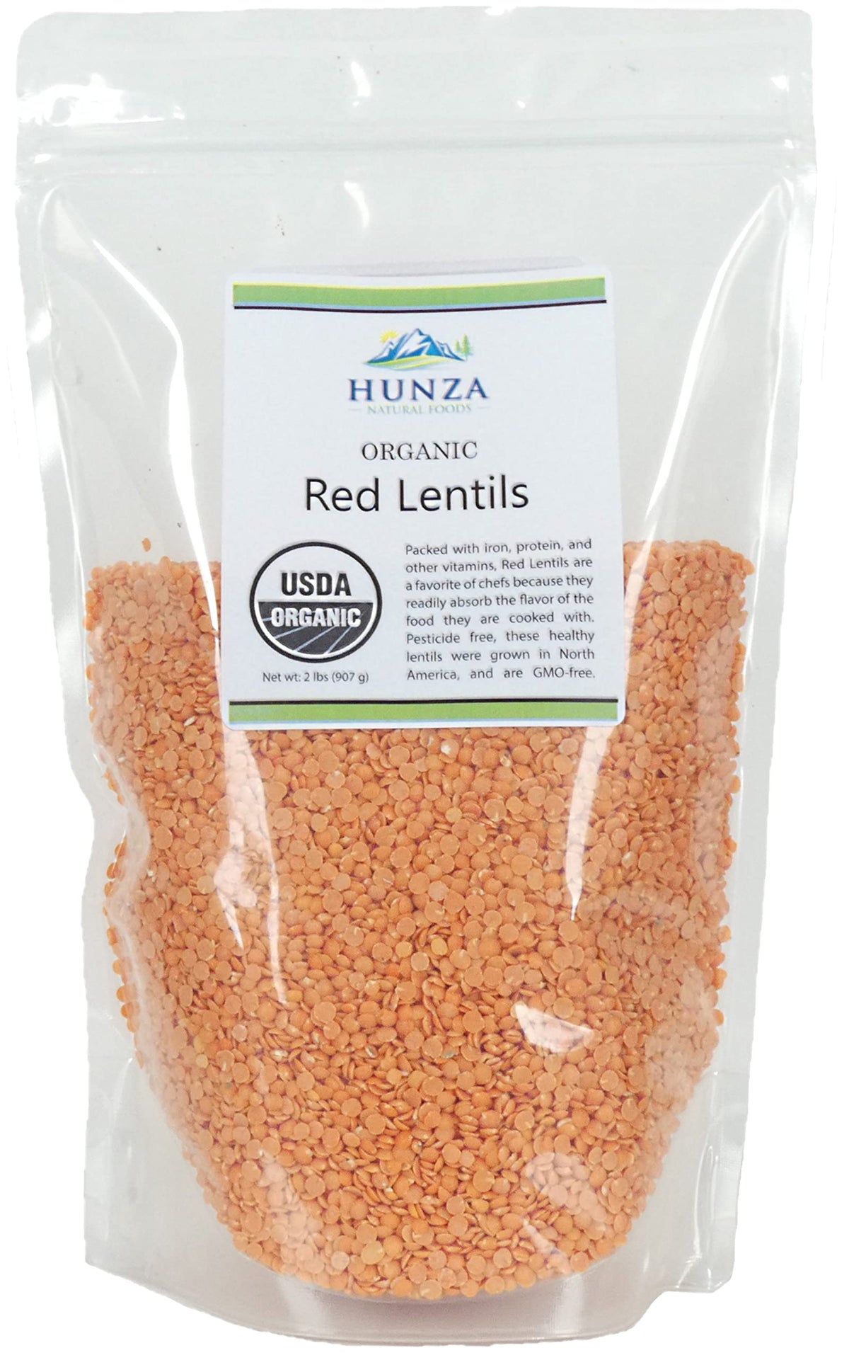 Hunza Organic Red Lentils in a stand-up pouch, ready for quick soups and stews