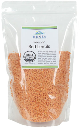 Hunza Organic Red Lentils in a stand-up pouch, ready for quick soups and stews