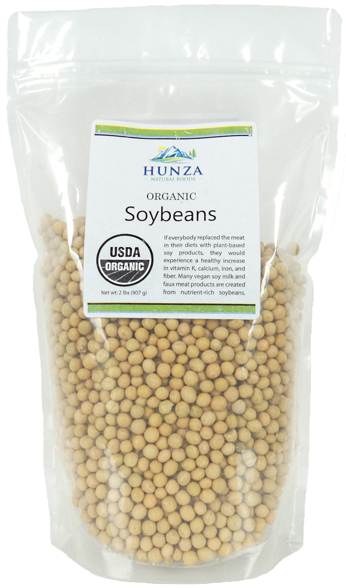 Hunza Organic Soybeans 2lbs in a green pouch, convenient pantry packaging.