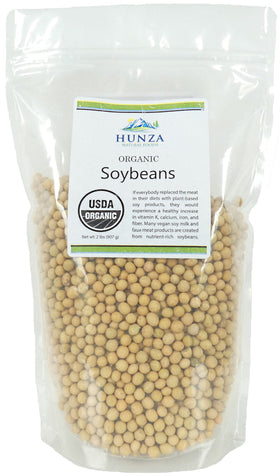 Hunza Organic Soybeans 2lbs in a green pouch, convenient pantry packaging.