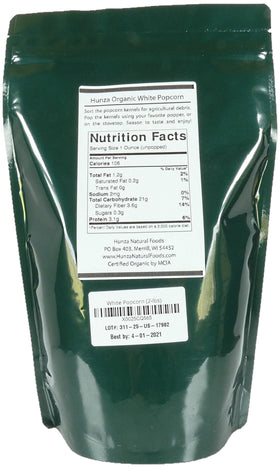 Hunza White Popcorn green pouch keeps kernels fresh for home snacking.