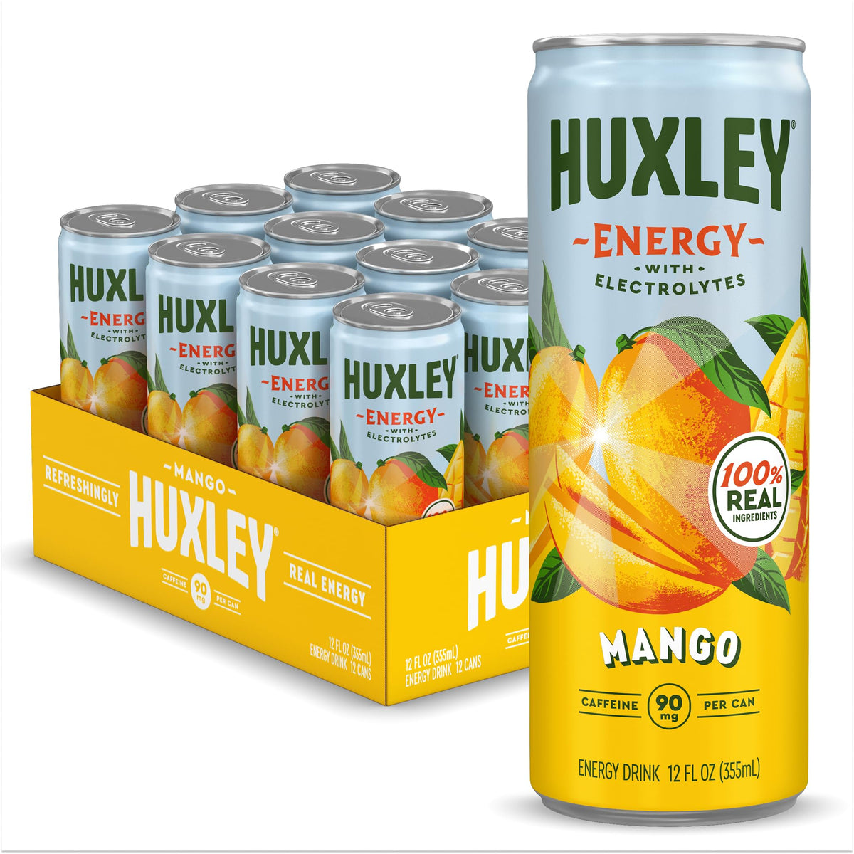 Huxley Mango Energy Drink can close-up highlighting real mango flavor and clean energy