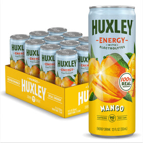 Huxley Mango Energy Drink can close-up highlighting real mango flavor and clean energy