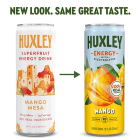 Huxley Mango Energy Drink 12-pack displays value and convenience for busy days