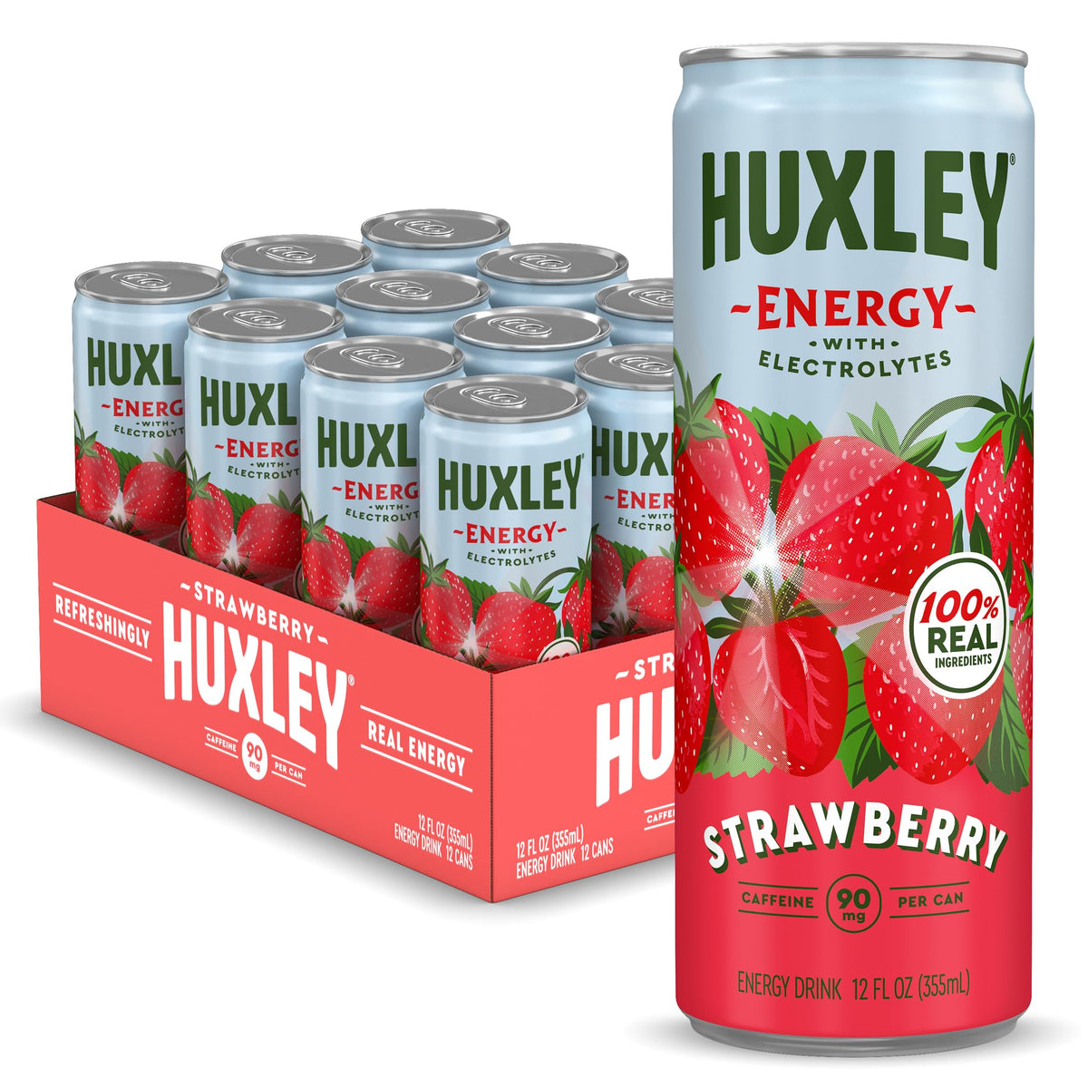 Huxley Strawberry Energy Drink can front view showcasing vibrant berry flavor