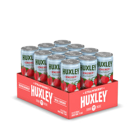 Huxley Strawberry Energy Drink 12 pack on display for long lasting refreshment