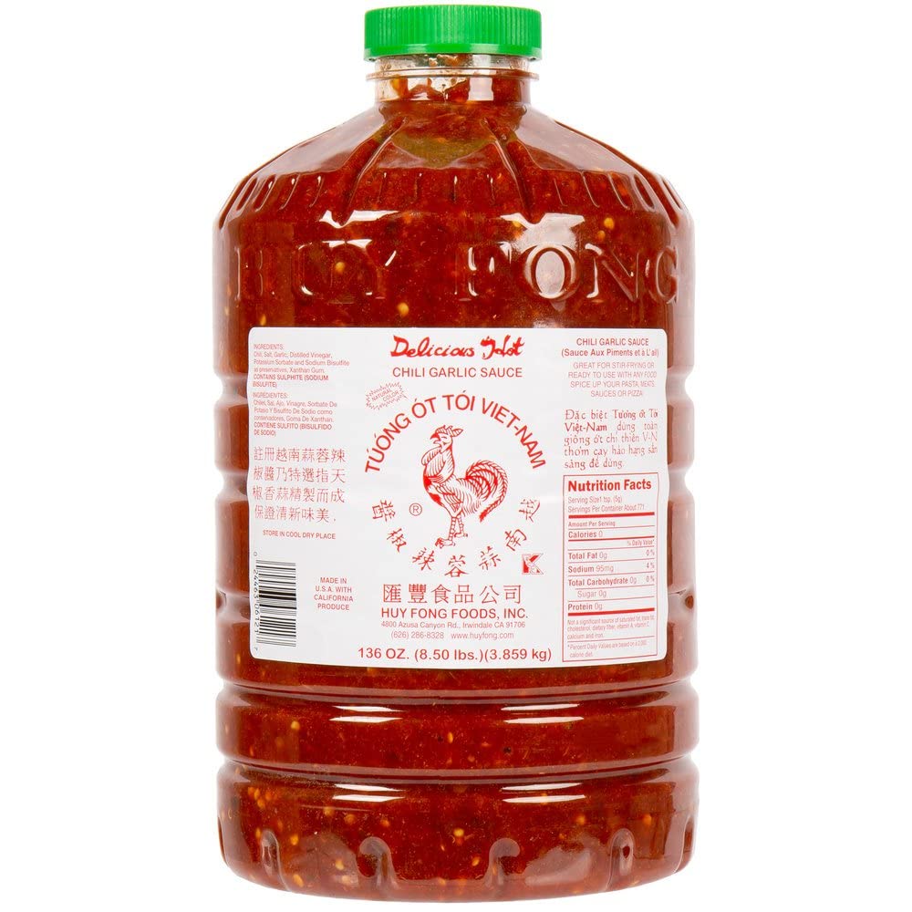 Huy Fong Chili Garlic Sauce jar for stir-fries and dipping, adds bold garlic flavor.