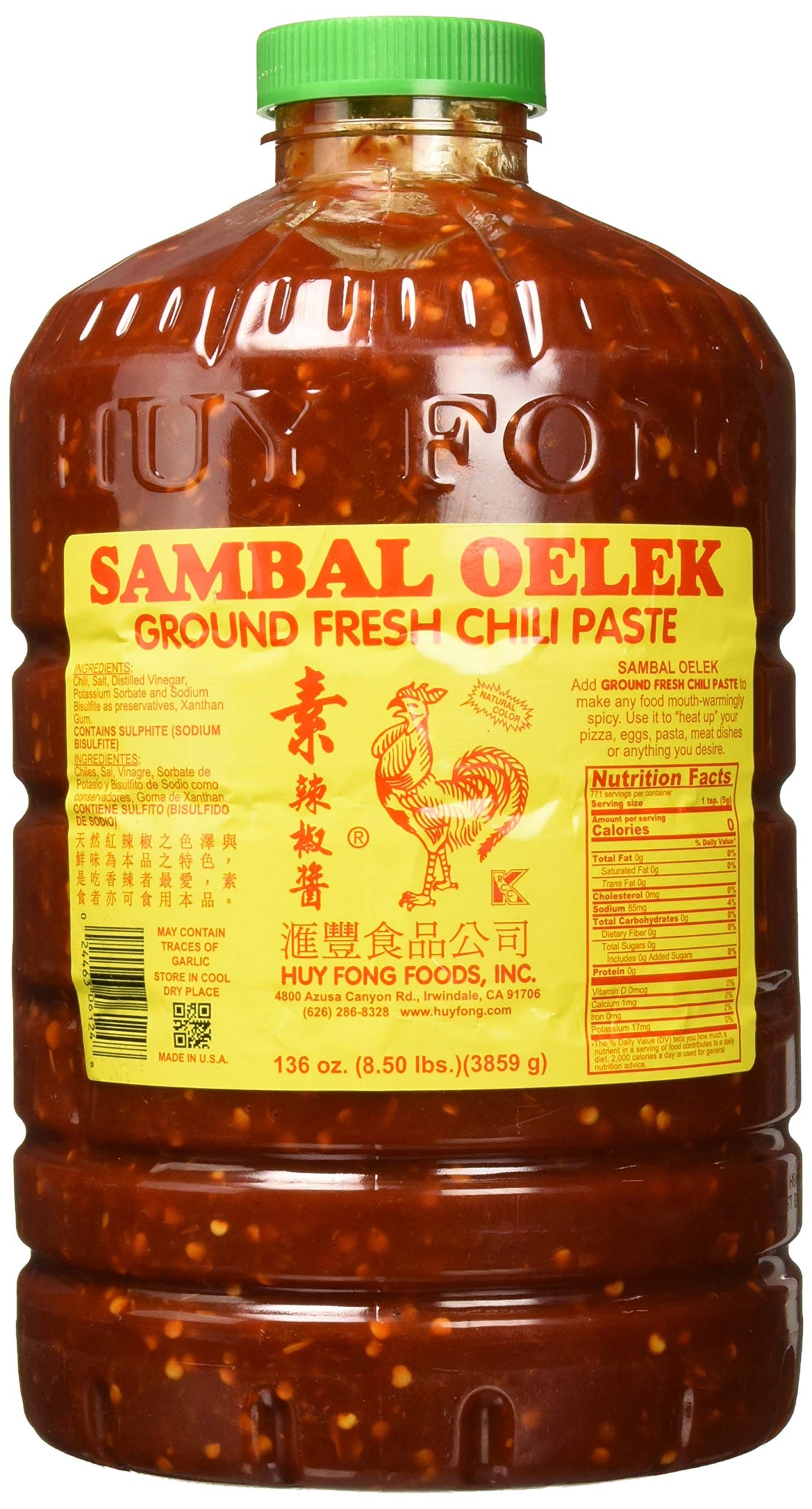 Huy Fong Sambal Oelek jar closeup shows fresh chili paste ready to stir.