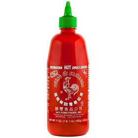 Huy Fong Sriracha 17oz bottle pack shows the iconic rooster label and branding for versatile use.
