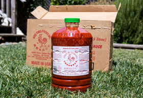 Huy Fong Sriracha bottle closeup showing bright red chili sauce